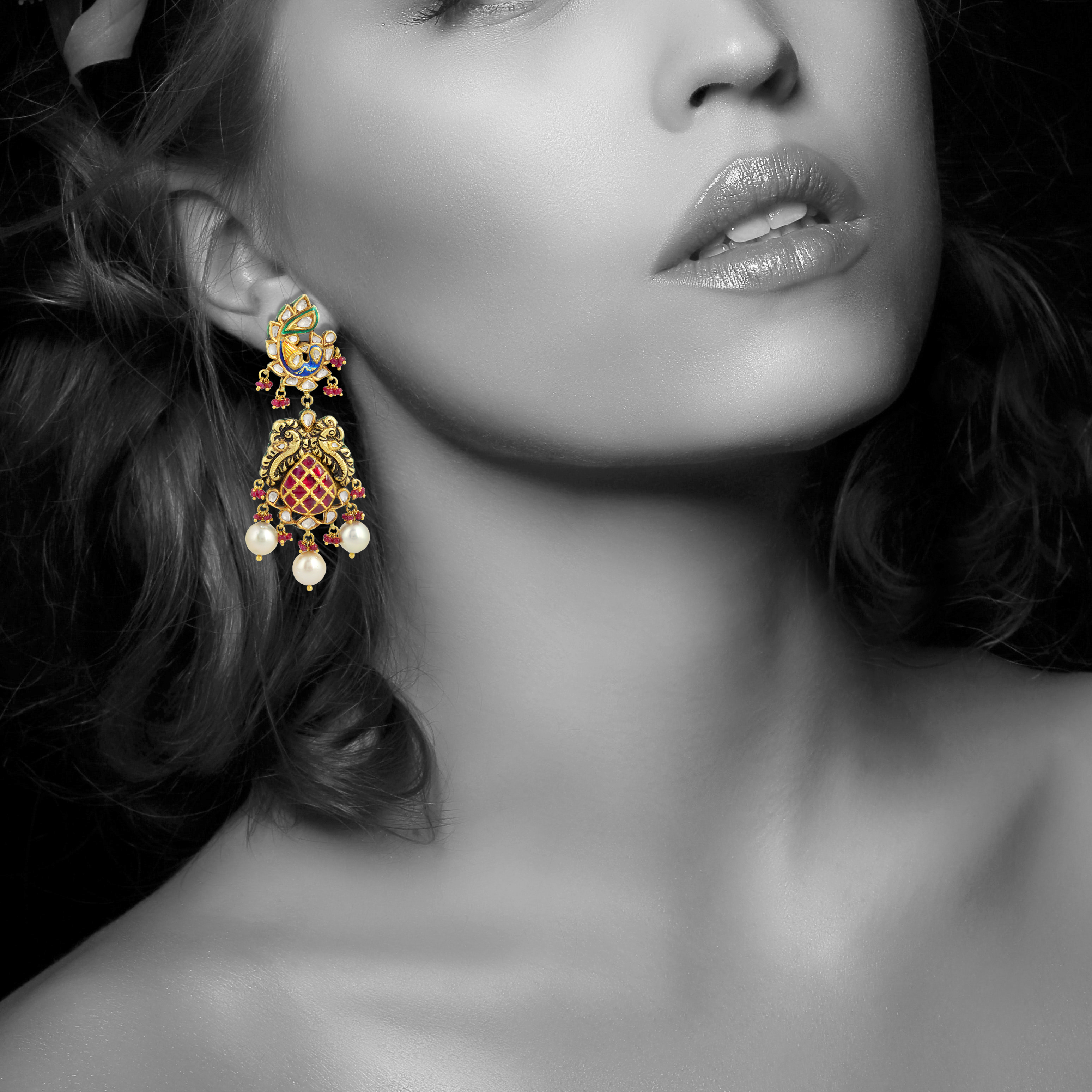 Peacock Stud Earrings with Polki, Ruby Talafs, and Pearls